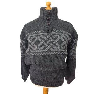 Aran Woollen Mills Irish Fisherman Sweater Men M Gray Celtic Wool Knit High Neck